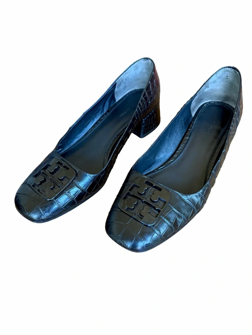Tory Burch Georgia Black Croc Embossed Leather Block Heel Pumps 9.5